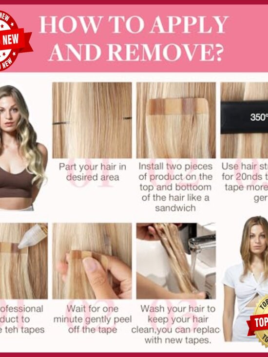 24 Inch Tape In Hair Extensions, Remy Human Hair, 40 Pieces, Skin Weft main image 7